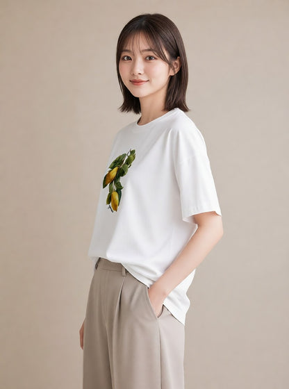 半袖Tシャツ レディース レモン 檸檬 食べ物 フード イラスト 普段使い 週末コーデ 敬老の日 白T YMAZO