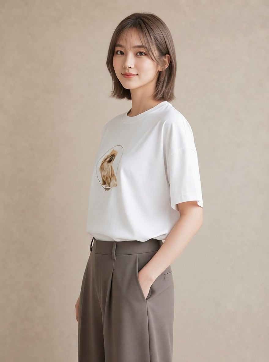グラフィックTシャツ レディース 狆 犬 いぬ イラスト ヴィンテージ風 女性 旅行用 白T YMAZO
