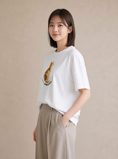 グラフィックTシャツ レディース 猫 ねこ イラスト 線画 海 カフェ巡り 白T YMAZO