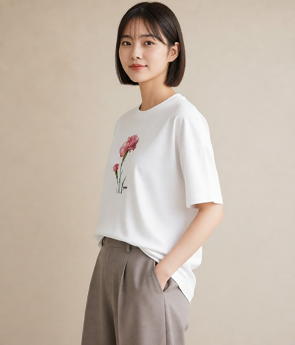 プリントTシャツ レディース カーネーション 花 花柄 イラスト きれいめ 春服 ミセス 白T YMAZO