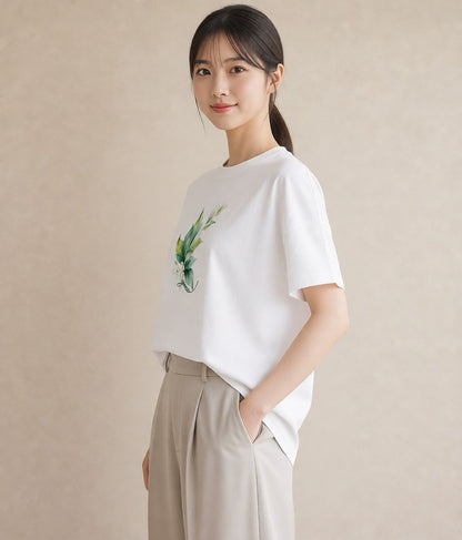 デザインTシャツ レディース 葉っぱ 植物 ボタニカル イラスト シンプル お出かけ 普段着 白T YMAZO