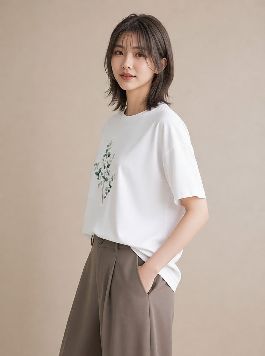 Tシャツ レディース 新緑 植物 ボタニカル イラスト ゆるコーデ カフェ巡り 女子会 白T YMAZO