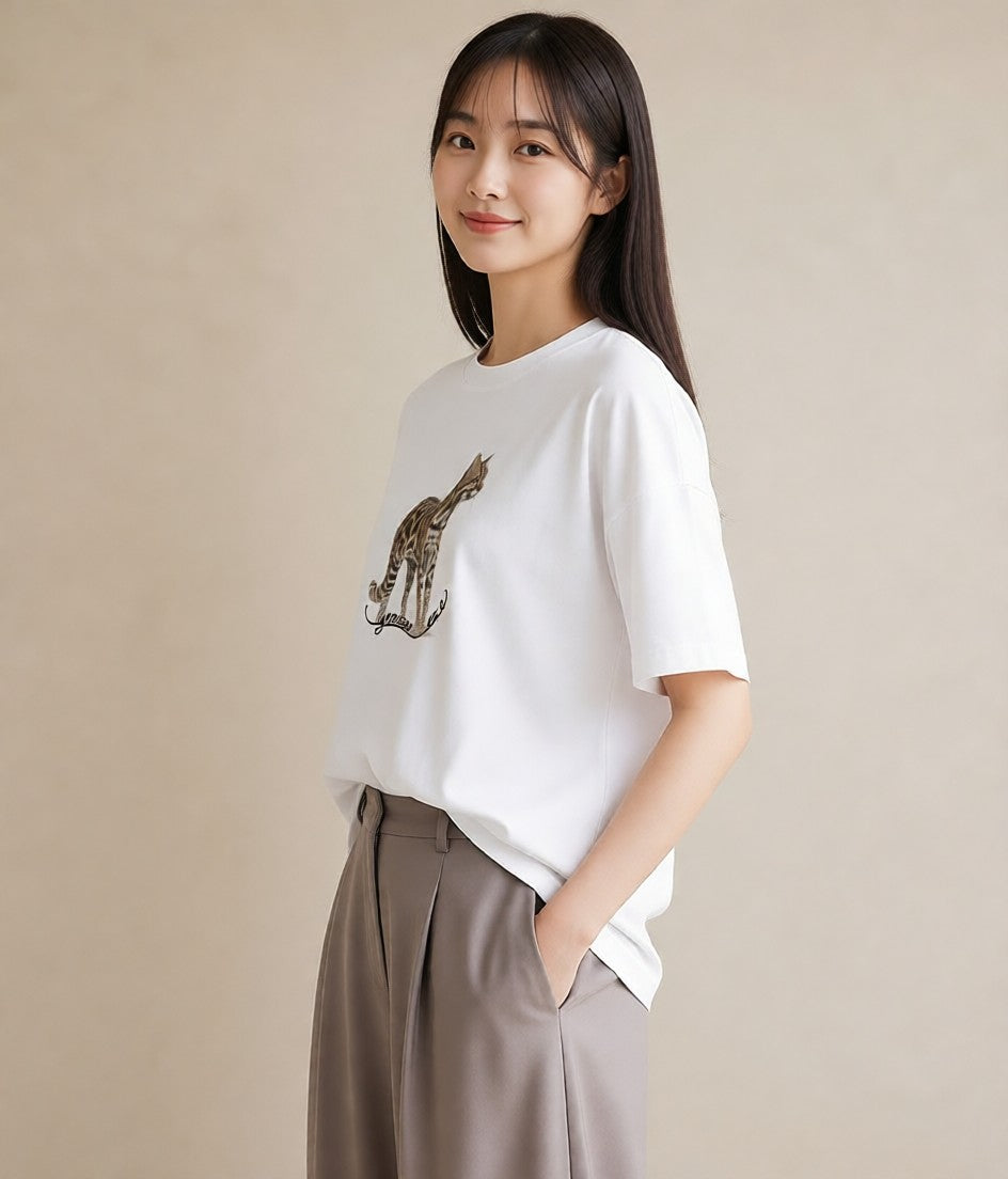 半袖Tシャツ レディース ベンガル 猫 ねこ イラスト ボタニカル ペアコーデ 秋コーデ 白T YMAZO