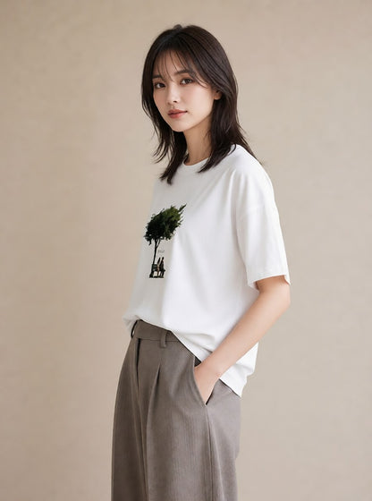 プリントTシャツ レディース 雨上がりのベンチ ベンチ ナチュラル アンティーク イラスト 水彩風 親子 20代 白T YMAZO