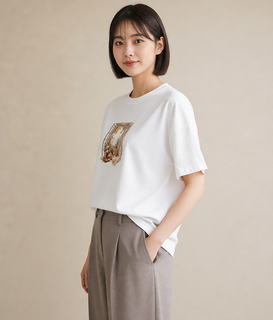 グラフィックTシャツ レディース 窓辺の雨 雨の日 窓 ナチュラル アンティーク イラスト 上品 敬老の日 ホワイトデー 白T YMAZO