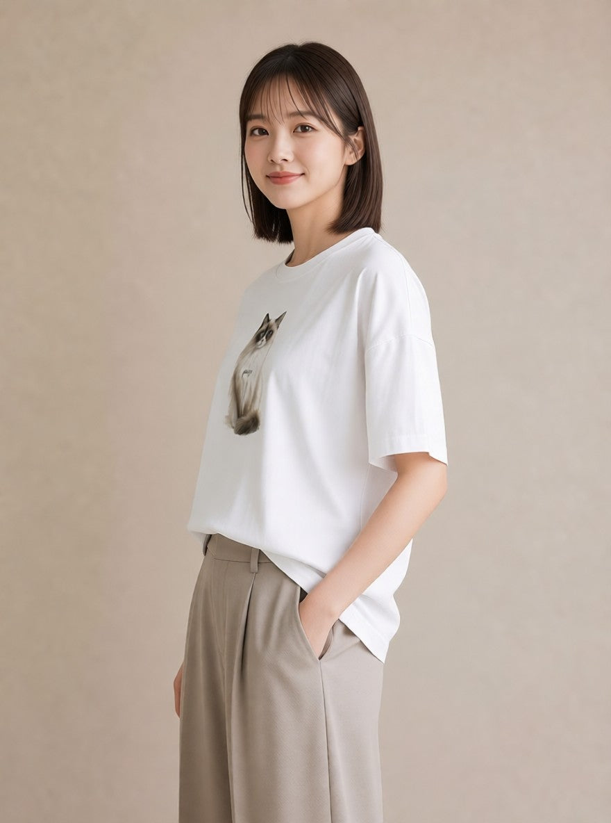 半袖Tシャツ レディース シャム 猫 ねこ イラスト 個性的 おしゃれギフト 社会人 白T YMAZO