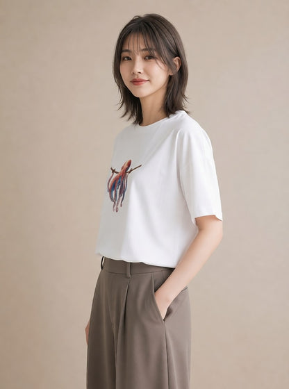 デザインTシャツ レディース イカ 海の生き物 海 イラスト ナチュラル 自分用 ルームウェア 白T YMAZO
