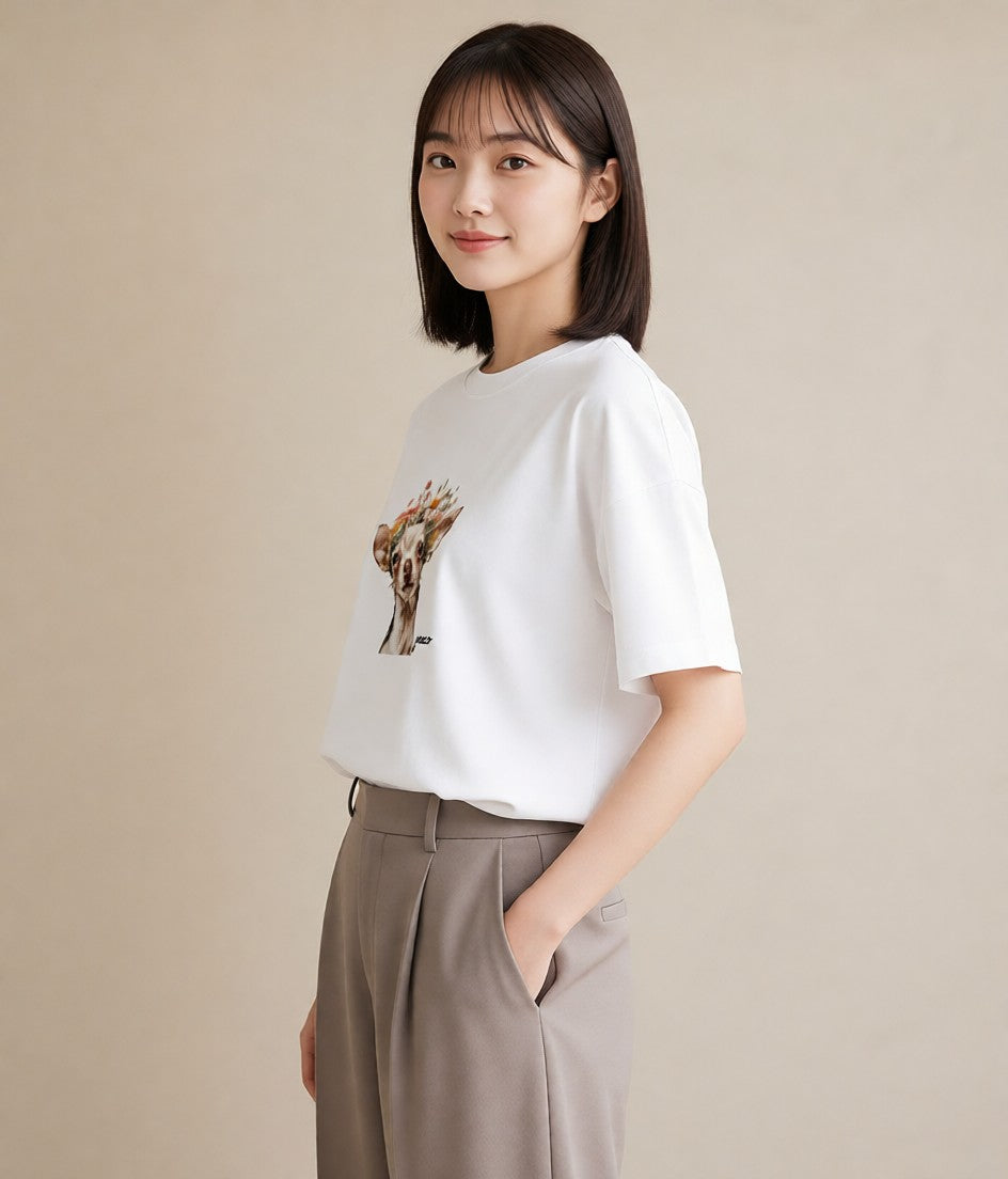 半袖Tシャツ レディース チワワ 犬 いぬ イラスト お洒落 ギフト 母の日 白T YMAZO