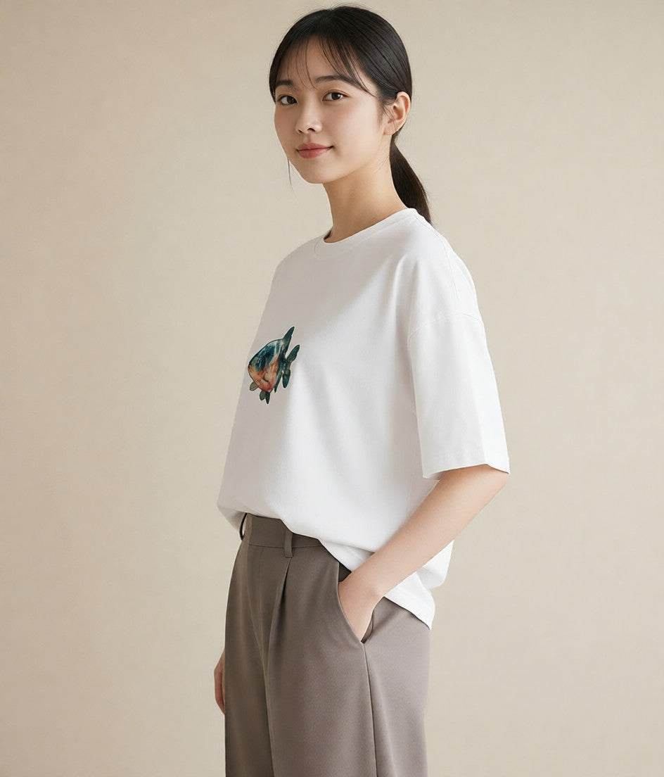 プリントTシャツ レディース 熱帯魚 ペット 動物 イラスト きれいめカジュアル 春コーデ 姉妹 白T YMAZO