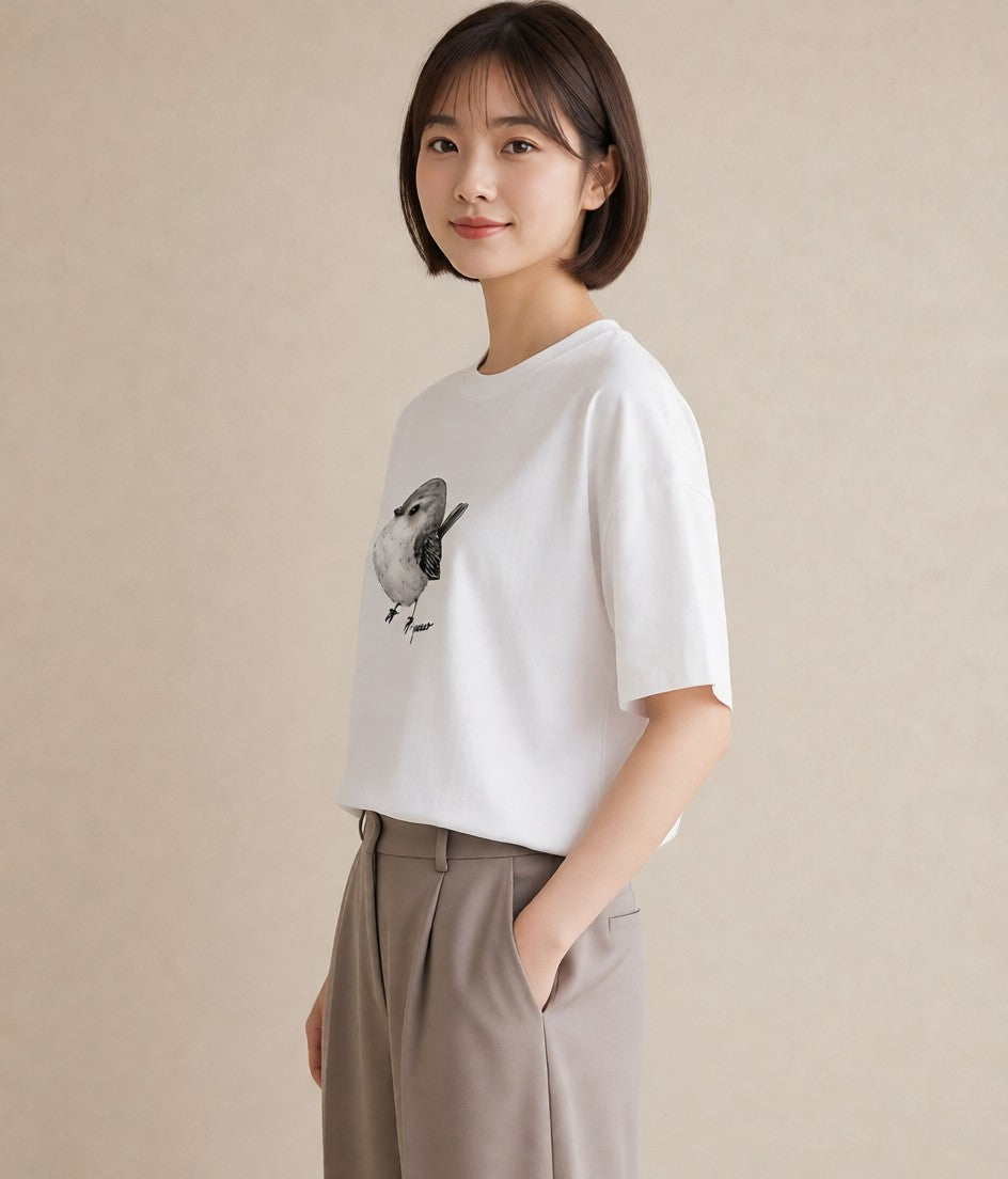 グラフィックTシャツ レディース シロフクロウ 動物 アニマル イラスト 個性的 カフェ巡り 女子会 白T YMAZO