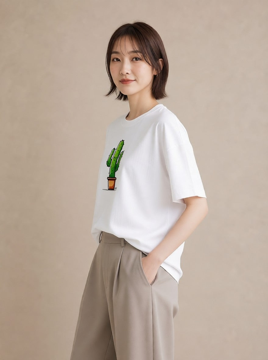 Tシャツ レディース サボテン 植物 ボタニカル イラスト 可愛い ビーチ デイリーウェア 白T YMAZO