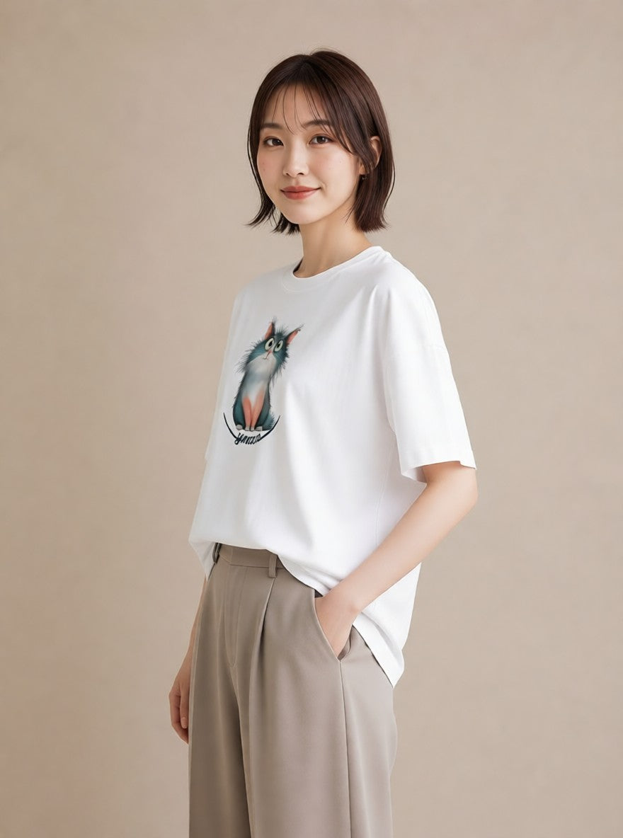 半袖Tシャツ レディース ねこ 猫 ネコ イラスト 韓国風 部屋着 女性向けギフト 白T YMAZO