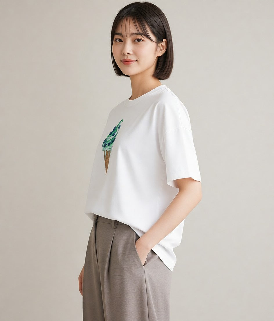 デザインTシャツ レディース ソフトクリーム 食べ物 フード イラスト レトロ 自分用 ルームウェア 白T YMAZO