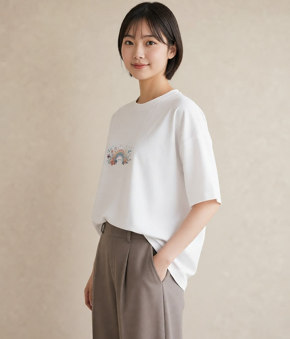 グラフィックTシャツ レディース 虹 星空 宇宙 イラスト デイリーウェア 休日 白T YMAZO