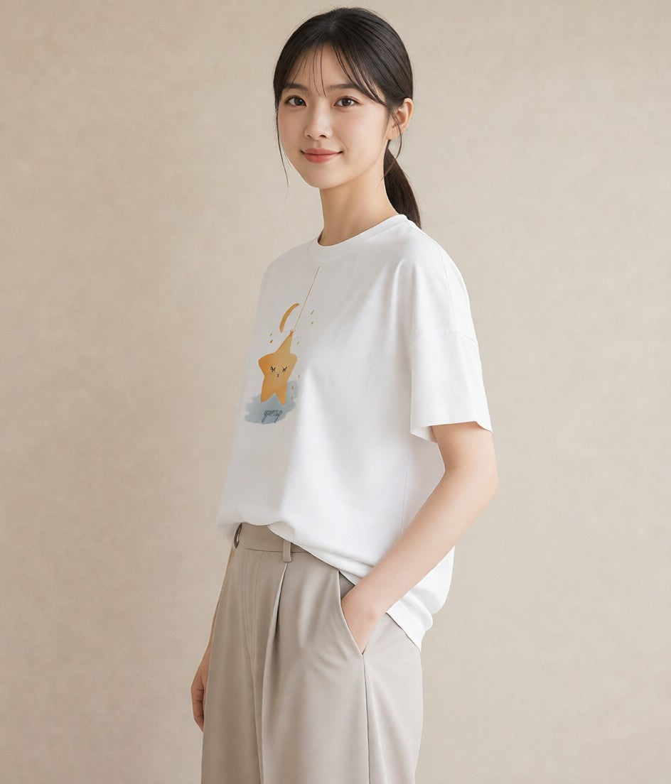 グラフィックTシャツ レディース 星 星空 宇宙 イラスト ナチュラル デート 帰省 白T YMAZO