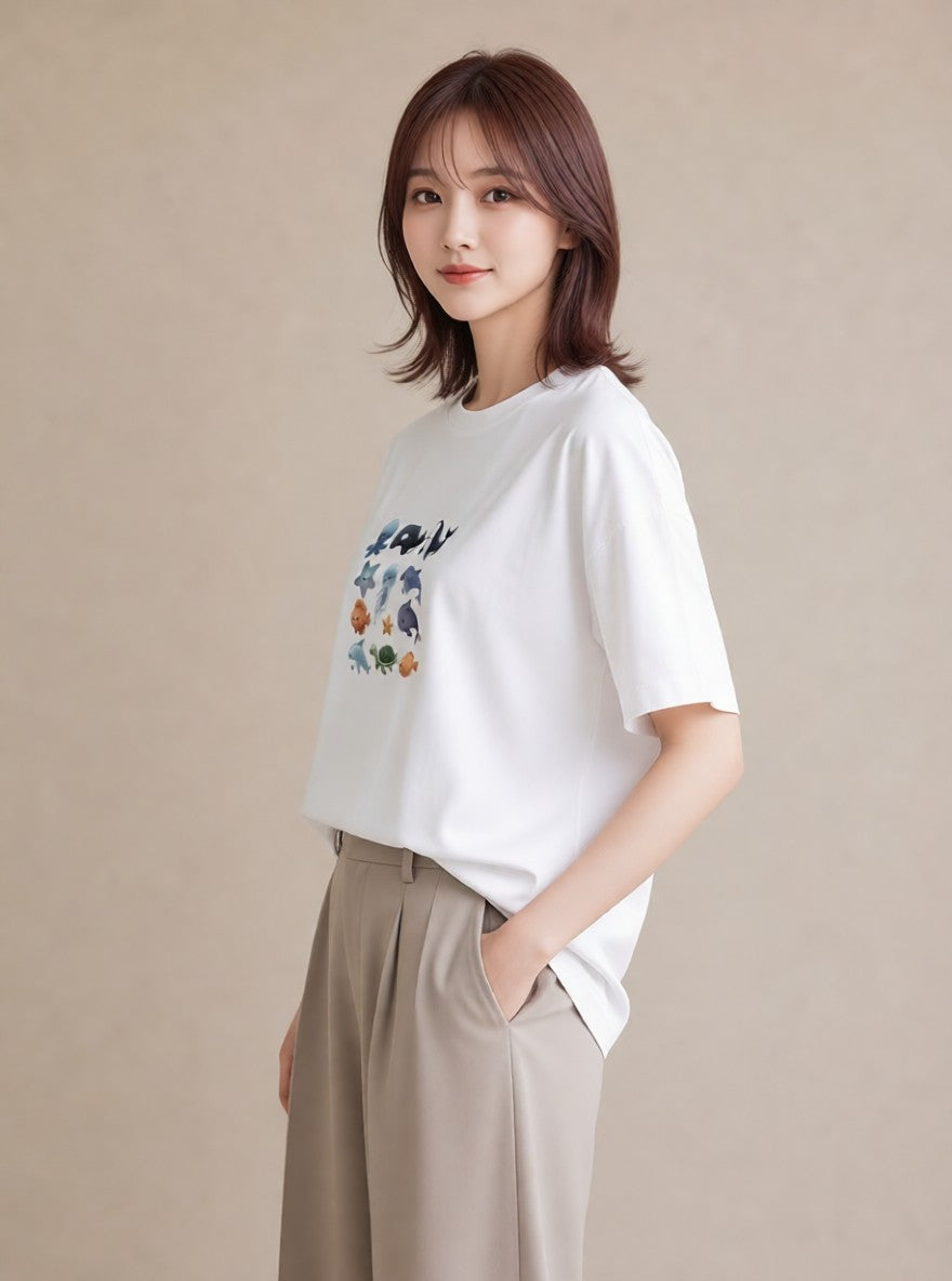 グラフィックTシャツ レディース イルカ 海の生き物 海 イラスト 北欧風 通勤 在宅 白T YMAZO