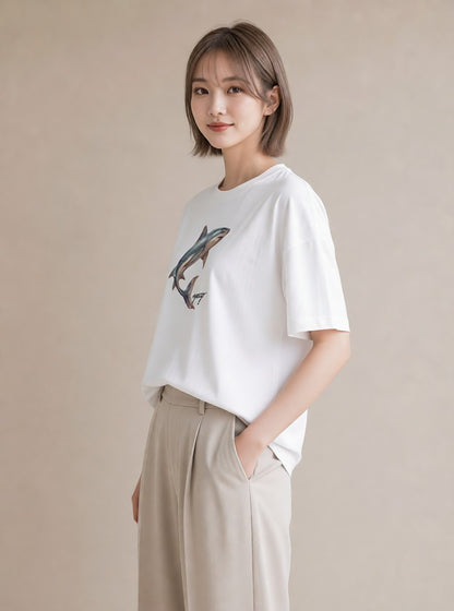 デザインTシャツ レディース サメ 海の生き物 海 イラスト 可愛い ママ カフェ服 白T YMAZO