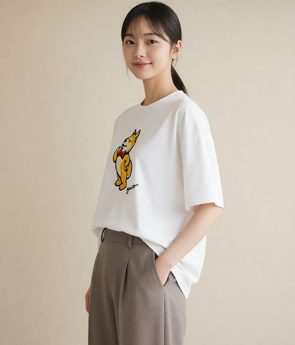 プリントTシャツ レディース 柴犬 しばいぬ 犬 いぬ イラスト こなれ感 夏コーデ 通学 白T YMAZO