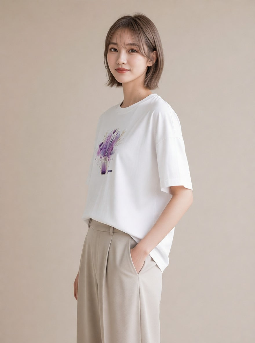 グラフィックTシャツ レディース ラベンダー 花 花柄 イラスト ポップ ママ カフェ服 白T YMAZO