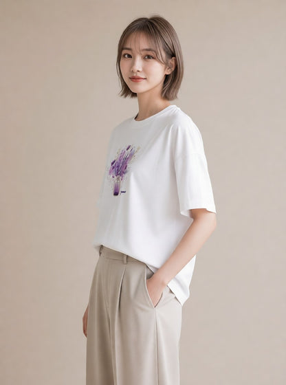 グラフィックTシャツ レディース ラベンダー 花 花柄 イラスト ポップ ママ カフェ服 白T YMAZO