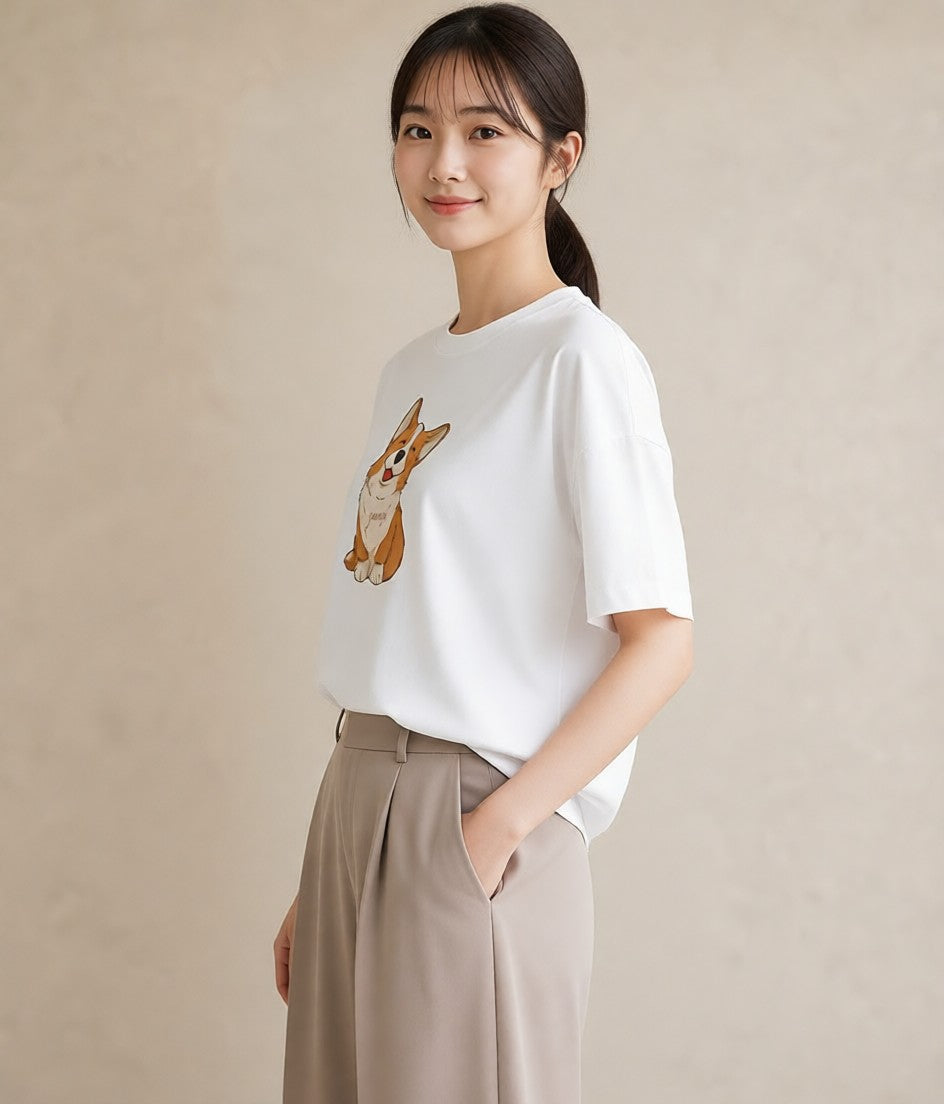 半袖Tシャツ レディース ウェルシュコーギー コーギー 犬 いぬ イラスト カジュアル 女性 旅行用 白T YMAZO