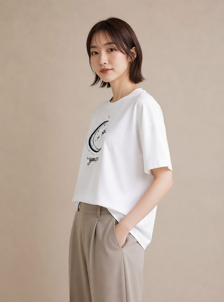 Tシャツ レディース 月と星 星空 ムーン イラスト 上品 デート 帰省 白T YMAZO
