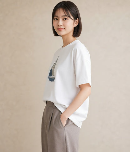 半袖Tシャツ レディース 紙の船 水辺 ナチュラル アンティーク イラスト フェミニン おしゃれギフト 社会人 白T YMAZO