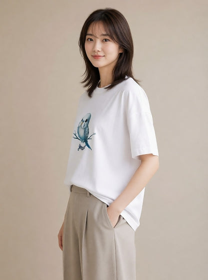 プリントTシャツ レディース インコ ペット 動物 イラスト 韓国風 母の日 ビーチ 白T YMAZO