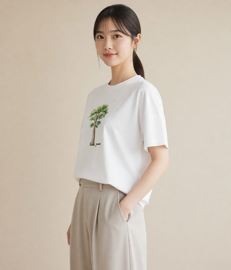 デザインTシャツ レディース 森 植物 ボタニカル イラスト ミニマル 女性 旅行用 白T YMAZO