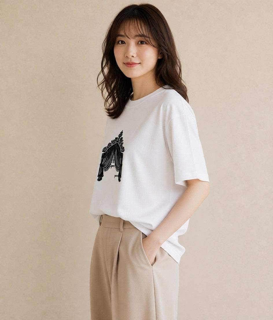 半袖Tシャツ レディース 手鏡 アンティーク レトロ ナチュラル イラスト 旅行コーデ 自分用 ルームウェア 白T YMAZO