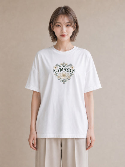 【受注生産】YMAZO Tシャツ レディース 半袖 ビッグT 花柄 フローラル ボタニカル 花 ブーケ 白T 綿100% ホワイト M L くすみカラー ニュアンス 韓国っぽい デイリー 推し活 2026新作 父の日｜花あそび（大きめプリン