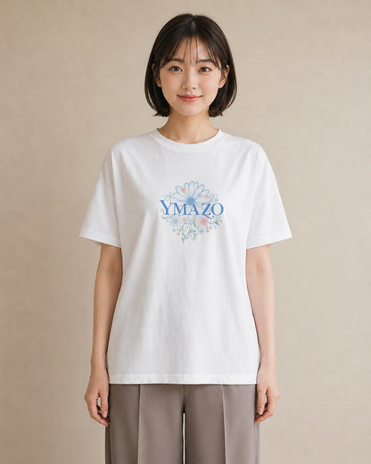 【受注生産】YMAZO Tシャツ レディース 半袖 ゆったり 花柄 フローラル ボタニカル 花 ブーケ 白T 綿100% ホワイト M L ニュアンス フェミニン ナチュラル 通勤 推し活 父の日 初夏 プレゼント｜花便り（スタンダードプリ