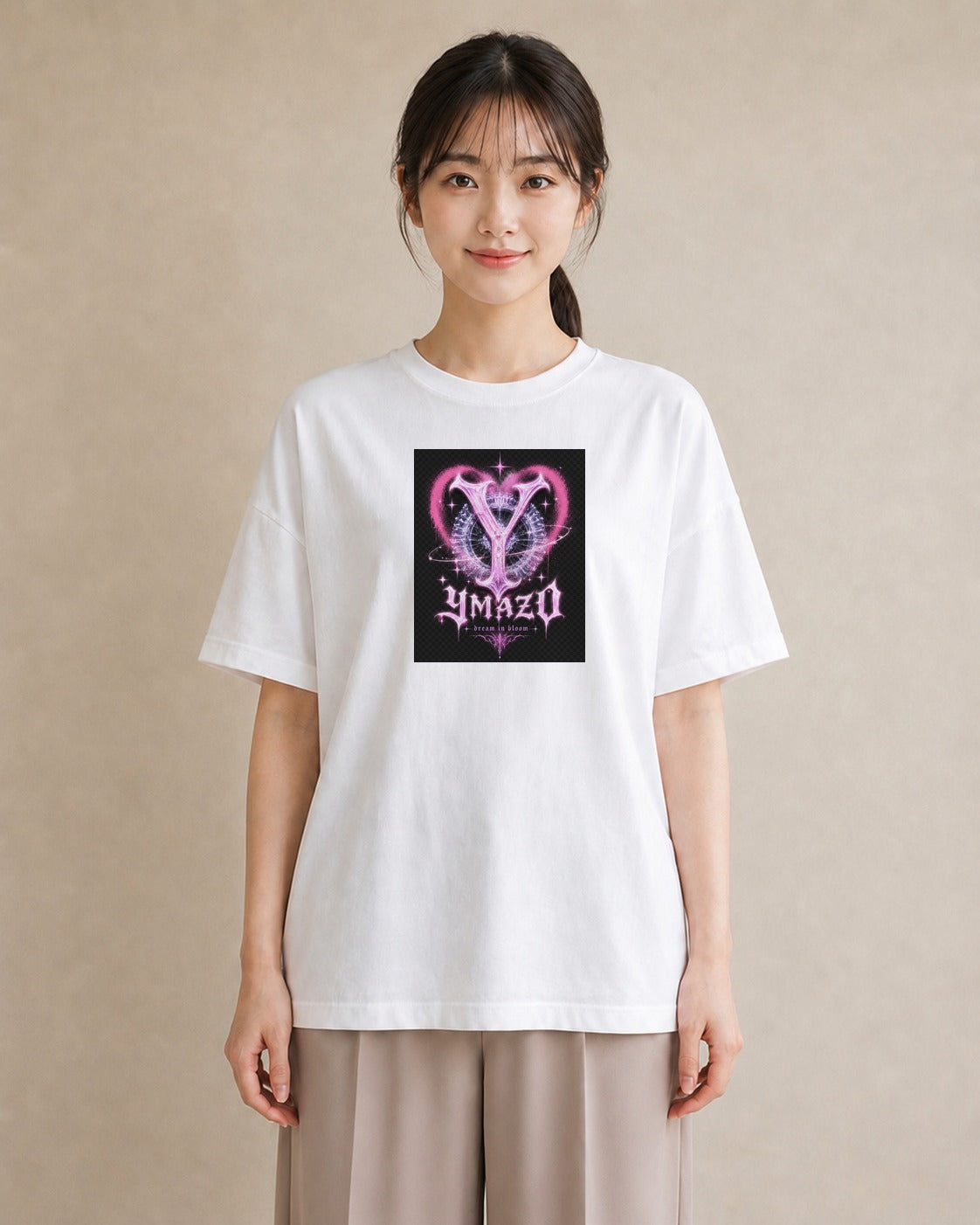 【受注生産】YMAZO Tシャツ レディース 半袖 ビッグT 花柄 フローラル ボタニカル 花 ブーケ 白T 綿100% ホワイト M L フェミニン ナチュラル くすみカラー お出かけ リンクコーデ プレゼント ギ｜イニシャルY（スタンダ