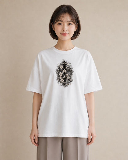 【受注生産】YMAZO Tシャツ レディース 半袖 ゆったり さくら 桜 チェリー サクラ 花 白T 綿100% ホワイト M L 大人可愛い ニュアンス フェミニン デート デイリー 初夏 父の日 春夏｜花あそび（スタンダードプリント 1