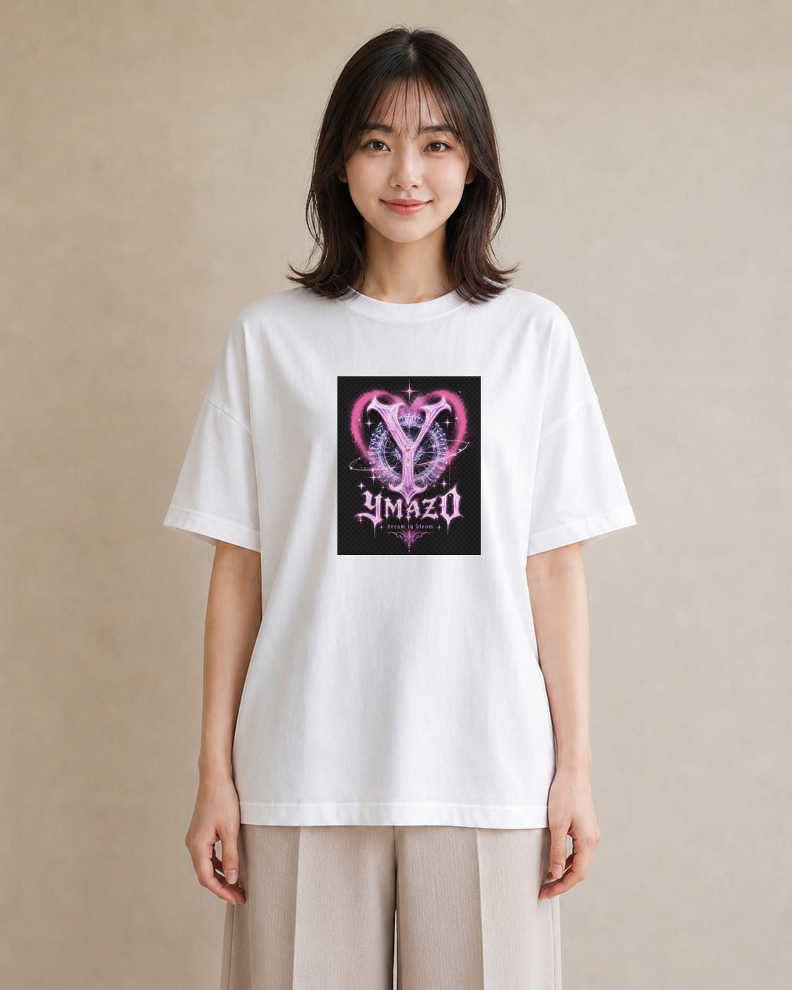 【受注生産】YMAZO Tシャツ レディース 半袖 ビッグT 花柄 フローラル ボタニカル 花 ブーケ 白T 綿100% ホワイト M L フェミニン ナチュラル くすみカラー お出かけ リンクコーデ プレゼント ギ｜イニシャルY（大きめプ