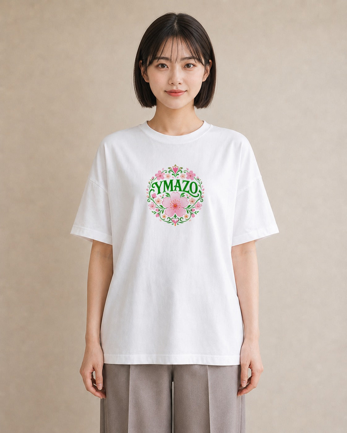【受注生産】YMAZO Tシャツ レディース 半袖 オーバーサイズ 花柄 フローラル ボタニカル 花 ブーケ 白T 綿100% ホワイト M L くすみカラー 水彩 フェミニン デート お出かけ プレゼント ギフト｜花あそび（スタンダードプ