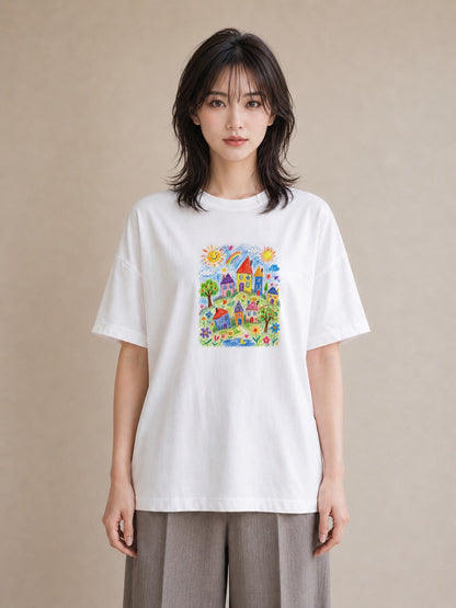 【受注生産】YMAZO Tシャツ レディース 半袖 ビッグシルエット 花 花柄 フラワー フローラル ボタニカル 白T 綿100% ホワイト M L 水彩 ナチュラル 手描き 推し活 お出かけ 2026新作 春夏 初｜花あそび（スタンダード