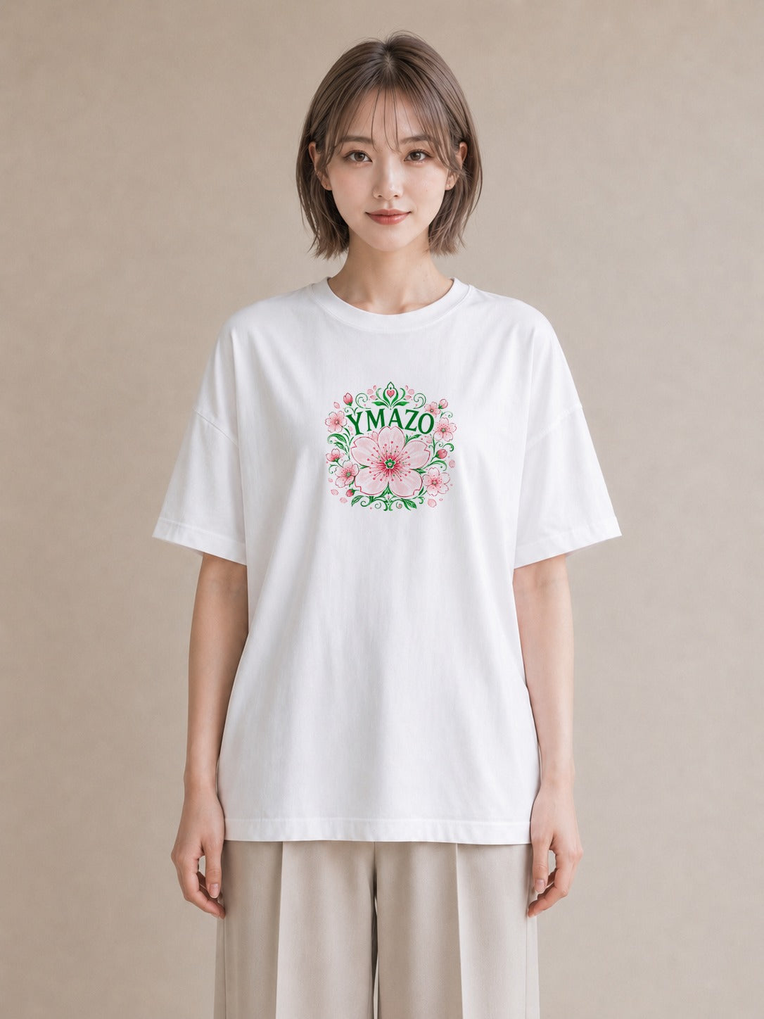 【受注生産】YMAZO Tシャツ レディース 半袖 オーバーサイズ 花柄 フローラル ボタニカル 花 ブーケ 白T 綿100% ホワイト M L 水彩 韓国っぽい ナチュラル 通勤 デート 春夏 父の日 2026新作｜花便り（スタンダードプ
