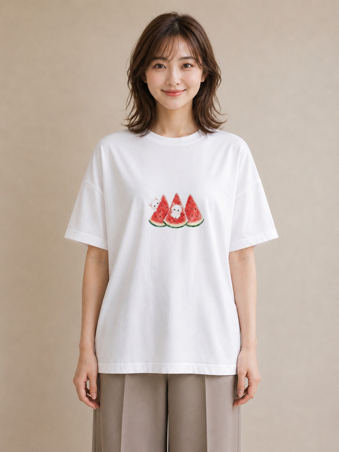 【受注生産】YMAZO Tシャツ レディース 半袖 オーバーサイズ 猫 ねこ ネコ キャット 猫柄 白T 綿100% ホワイト M L 韓国っぽい 水彩 ナチュラル お出かけ 推し活 2026新作 春夏 父の日｜どうぶつ日和（大きめプリント