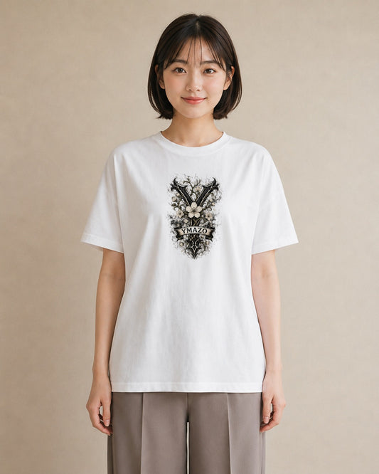 【受注生産】YMAZO Tシャツ レディース 半袖 ビッグT 花柄 フローラル ボタニカル 花 ブーケ 白T 綿100% ホワイト M L 水彩 手描き ナチュラル リンクコーデ 通勤 春夏 2026新作 プレゼント｜Y字ロゴ（スタンダード