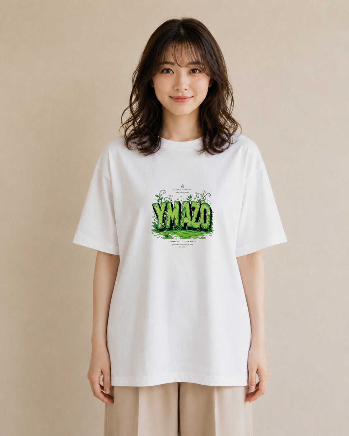 【受注生産】YMAZO Tシャツ レディース 半袖 ビッグT 花柄 フローラル ボタニカル 花 ブーケ 白T 綿100% ホワイト M L フェミニン ナチュラル 手描き デイリー 推し活 2026新作 ギフト プレ｜花便り（大きめプリント