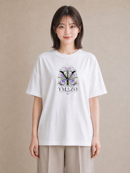 【受注生産】YMAZO Tシャツ レディース 半袖 ゆったり 蝶 ちょうちょ バタフライ 蝶々 花柄 白T 綿100% ホワイト M L 韓国っぽい 大人可愛い 手描き お出かけ リンクコーデ 春夏 プレゼント 初夏｜イニシャルY（大きめプ