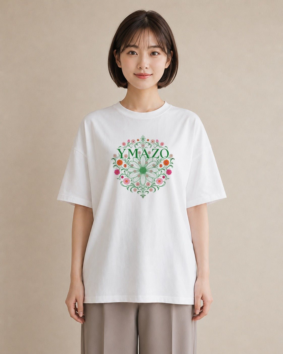 【受注生産】YMAZO Tシャツ レディース 半袖 オーバーサイズ 花柄 フローラル ボタニカル 花 ブーケ 白T 綿100% ホワイト M L ニュアンス 韓国っぽい フェミニン カジュアル デート 父の日 初夏｜花便り（大きめプリント 