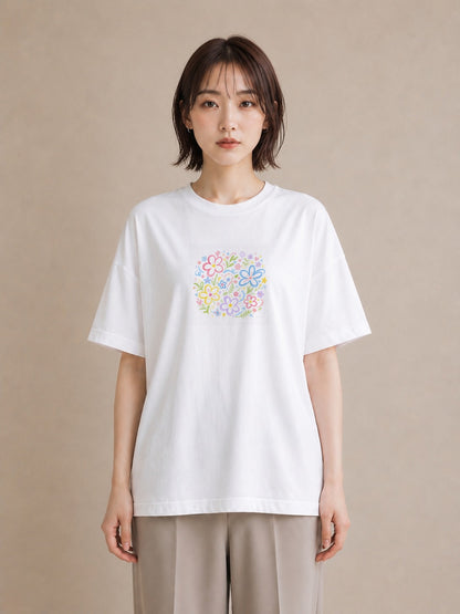 【受注生産】YMAZO Tシャツ レディース 半袖 ビッグT 花柄 フローラル ボタニカル 花 ブーケ 白T 綿100% ホワイト M L 手描き 韓国っぽい フェミニン 通勤 デート プレゼント 春夏 初夏｜花便り（スタンダードプリント 