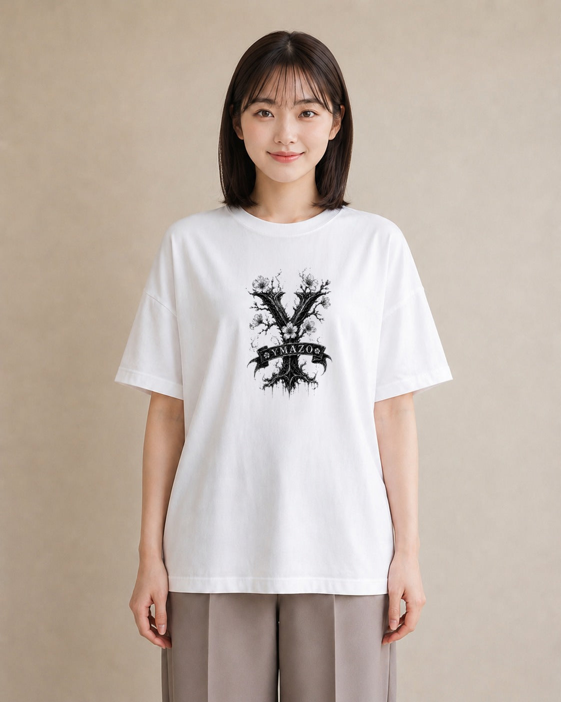 【受注生産】YMAZO Tシャツ レディース 半袖 ゆったり 花柄 フローラル ボタニカル 花 ブーケ 白T 綿100% ホワイト M L くすみカラー 韓国っぽい 大人可愛い リンクコーデ カジュアル 父の日 初夏｜イニシャルY（スタンダ