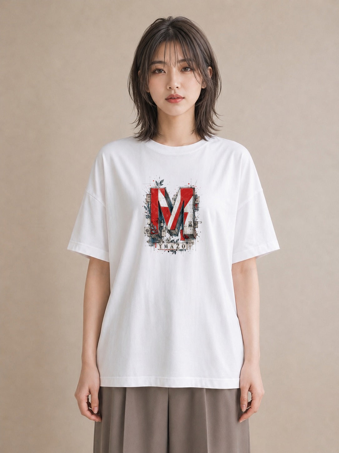 【受注生産】YMAZO Tシャツ レディース 半袖 ビッグシルエット 花柄 フローラル ボタニカル 花 ブーケ 白T 綿100% ホワイト M L ナチュラル 大人可愛い 韓国っぽい デイリー 推し活 ギフト 春夏｜イニシャルY（大きめプリ