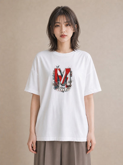 【受注生産】YMAZO Tシャツ レディース 半袖 ビッグシルエット 花柄 フローラル ボタニカル 花 ブーケ 白T 綿100% ホワイト M L ナチュラル 大人可愛い 韓国っぽい デイリー 推し活 ギフト 春夏｜イニシャルY（大きめプリ
