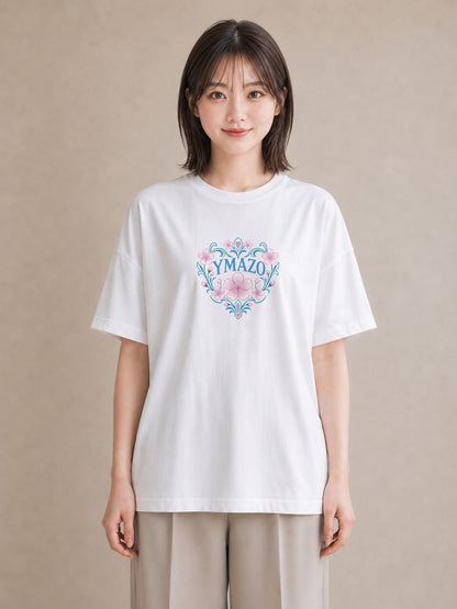 【受注生産】YMAZO Tシャツ レディース 半袖 ビッグT 花柄 フローラル ボタニカル 花 ブーケ 白T 綿100% ホワイト M L 水彩 手描き ナチュラル リンクコーデ 推し活 プレゼント 初夏 ギフト｜花便り（スタンダードプリン