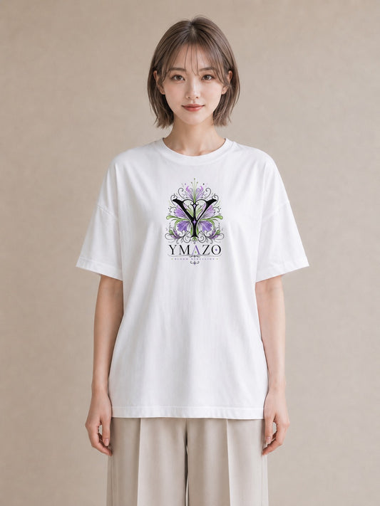 【受注生産】YMAZO Tシャツ レディース 半袖 ゆったり 蝶 ちょうちょ バタフライ 蝶々 花柄 白T 綿100% ホワイト M L 韓国っぽい 大人可愛い 手描き お出かけ リンクコーデ 春夏 プレゼント 初夏｜イニシャルY（大きめプ