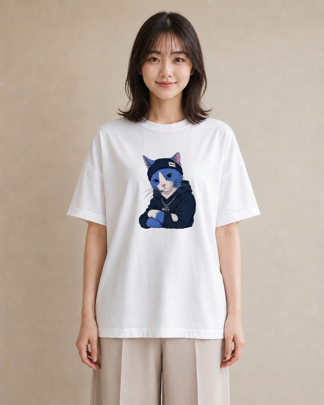 【受注生産】YMAZO Tシャツ レディース 半袖 ビッグシルエット 猫 ねこ ネコ キャット 猫柄 白T 綿100% ホワイト M L 韓国っぽい 手描き くすみカラー お出かけ デイリー 2026新作 父の日 初｜どうぶつ日和（スタンダ